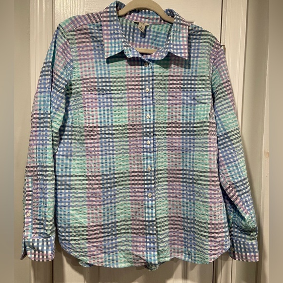 L.L. Bean Size LP Pastel Plaid Long Sleeve Button Down Seersucker Cotton Shirt - Picture 1 of 11